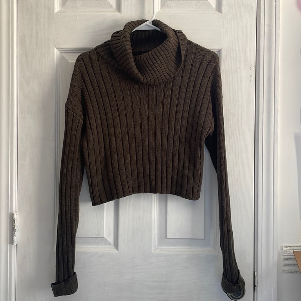 Army green cowl-neck and cropped sweater
